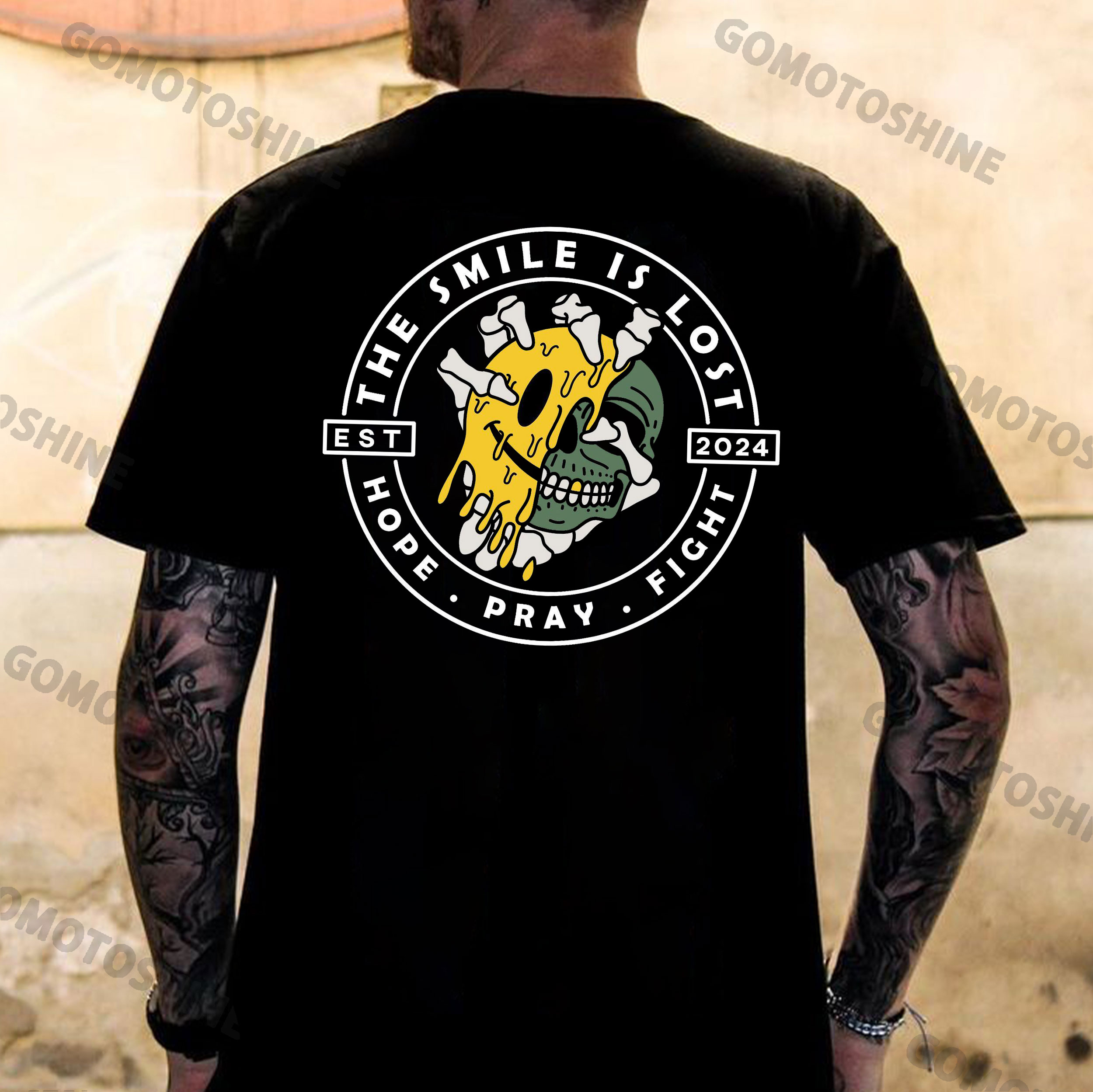 THE SMILE IS LOST HOPE·PRAY·FIGHT Melting Emoji&Skull Print Men's T-Shirt