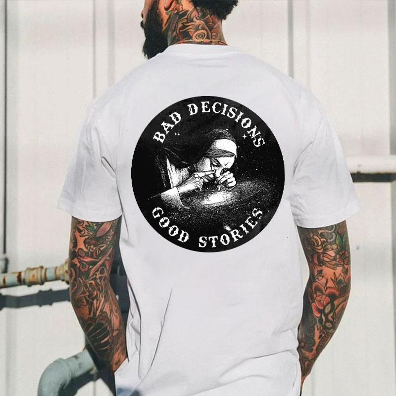 BAD DECISIONS GOOD STORIES Nun Smoking Black Print T-Shirt Image - 16