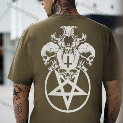 Multifacial Skulls with Star Circle Black Print T-shirt