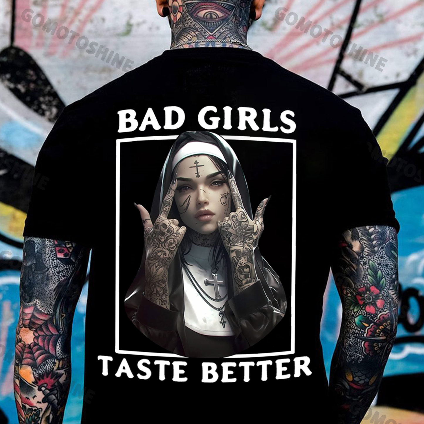 BAD GIRLS TASTE BETTER Defiant Nun Print Men's T-Shirt