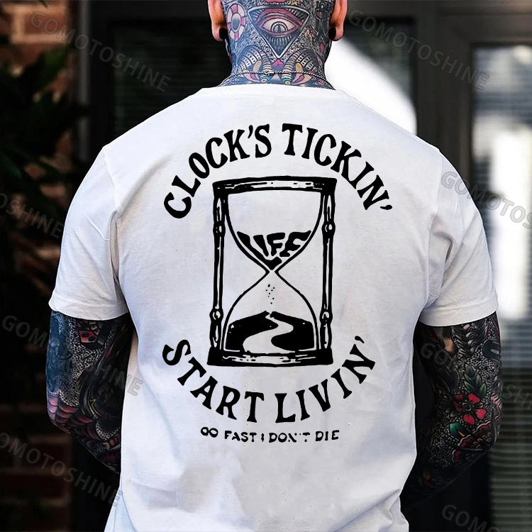 CLOCK’S TICKING START LIVING Funnel Graphic Casual Black Print T-shirt