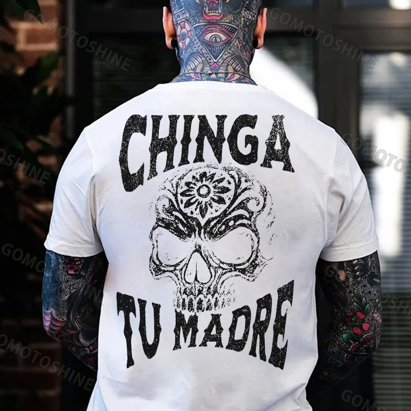 CHINGA TU MADRE Flower Carving Skull Print Men's T-Shirt