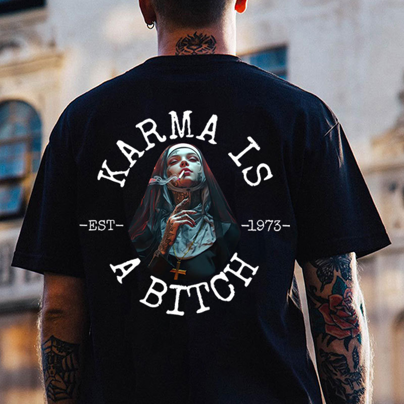 KARMA IS A BITCH Smoking Nun Print Men's T-Shirt