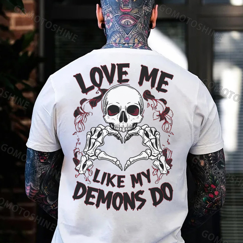 LOVE ME LIKE MY DEMONS DO Finger Heart Skeleton Print Men's T-Shirt