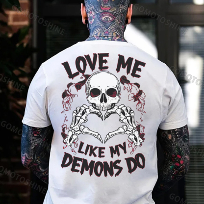 LOVE ME LIKE MY DEMONS DO Finger Heart Skeleton Print Men's T-Shirt