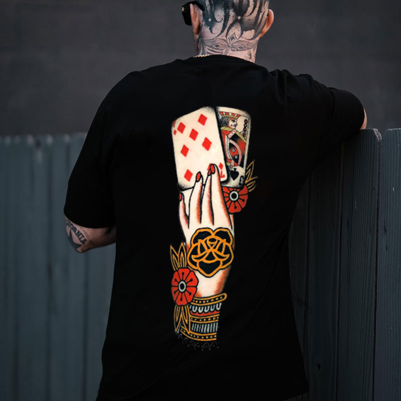 Elegant Hand with Tattoo and Pokers Black Print T-Shirt