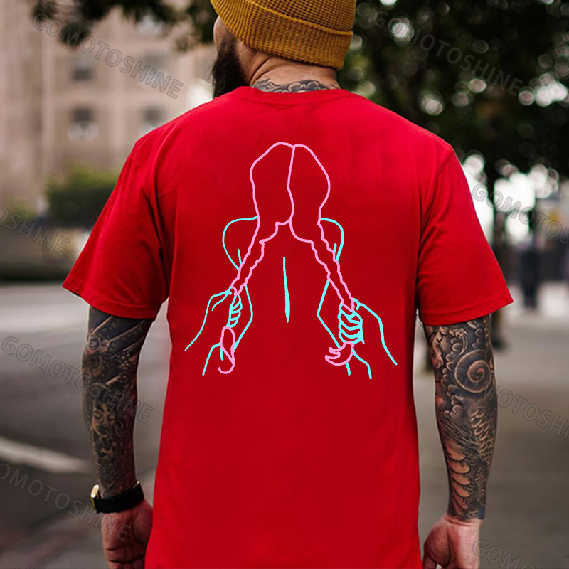 A Girl with a Long Braid Linear Black Print T-shirt