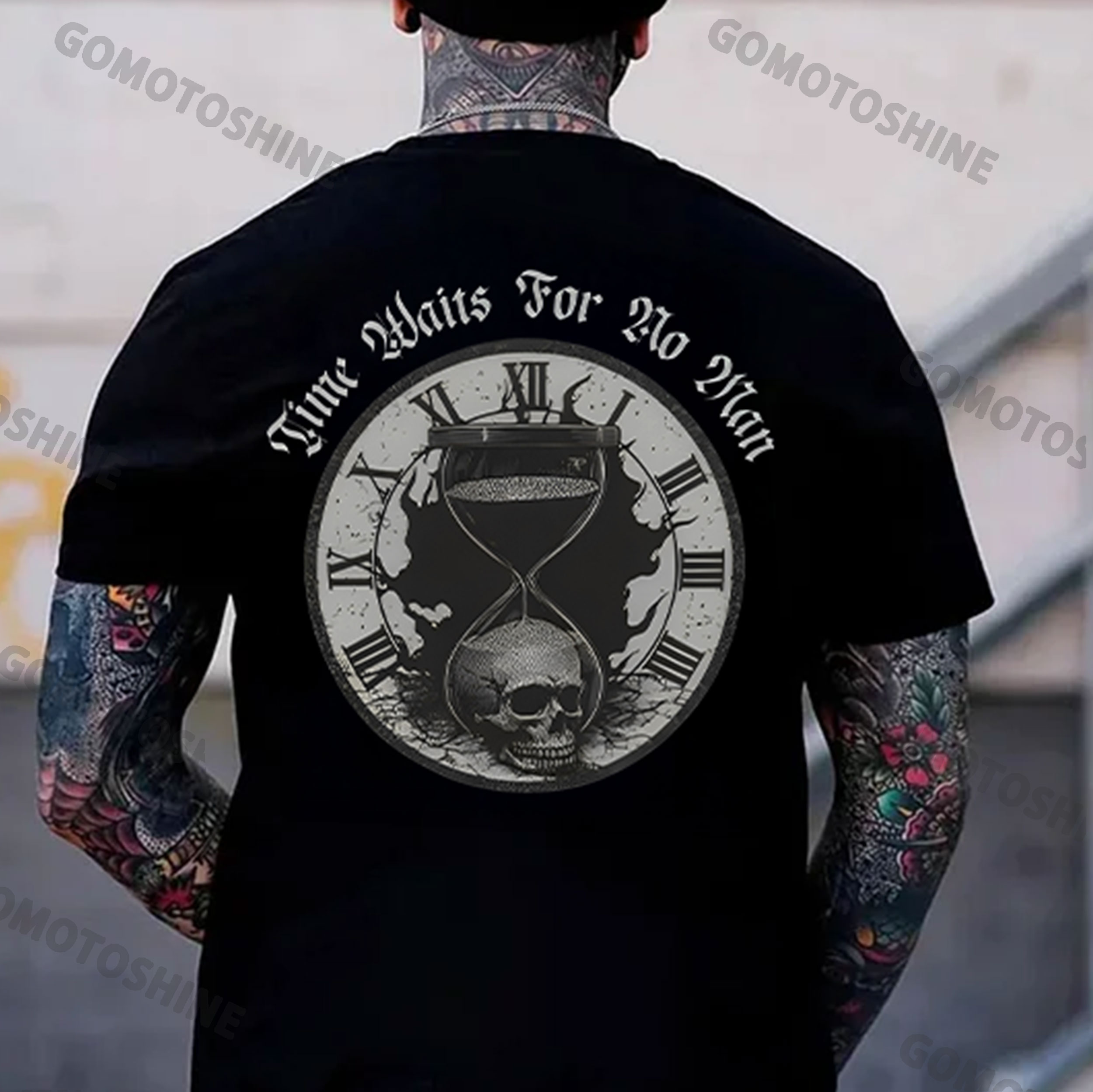 TIME WAITS FOR NO MAN Skull Hourglass Print Men's T-Shirt