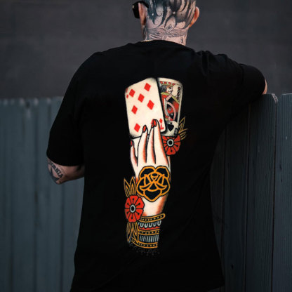 Elegant Hand with Tattoo and Pokers Black Print T-Shirt
