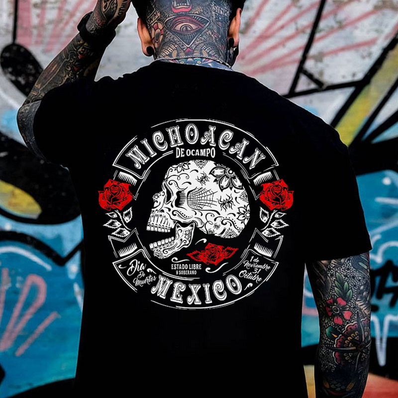 MICHOACAN MEXICO Skull Black Print T-shirt
