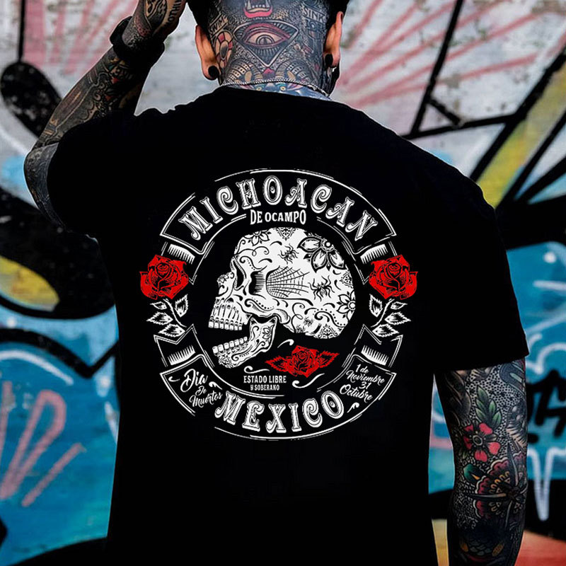 MICHOACAN MEXICO Skull Black Print T-shirt