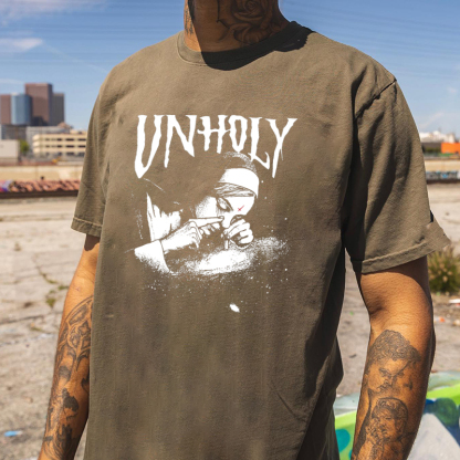 UNHOLY Nun Smoking Dark Style Black Print T-shirt