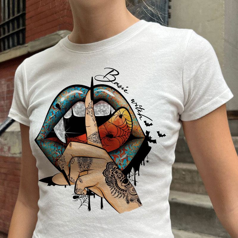 Keep Silence Gothic Style Lips Print Women's Cropped T-shirt