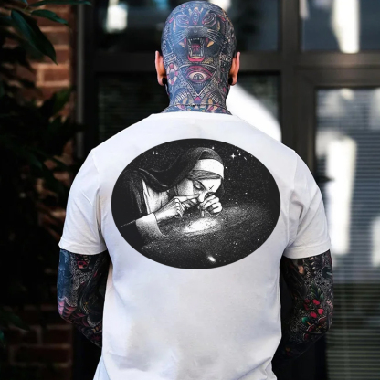 Nun Smoking Dark Style Black Print T-shirt