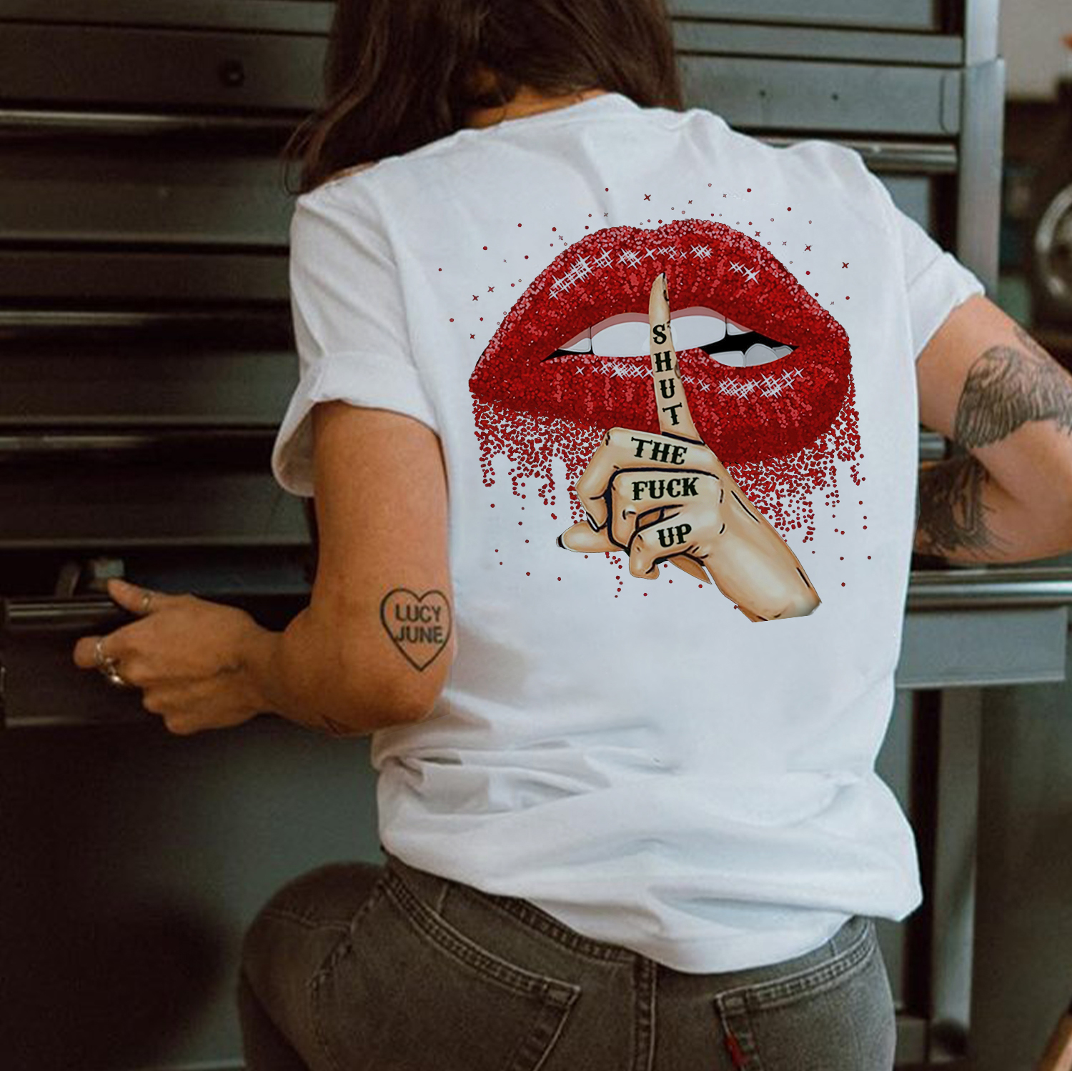 SHUT THE FUCK UP Sexy Lips Keeping Silent Print Women's T-shirt
