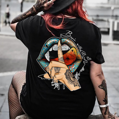 Keep Silent Gothic Style Lips Print Women's T-shirt