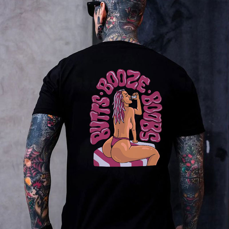 BUTTS BOOZE BOOBS Sexy Lady Casual Black Print T-shirt
