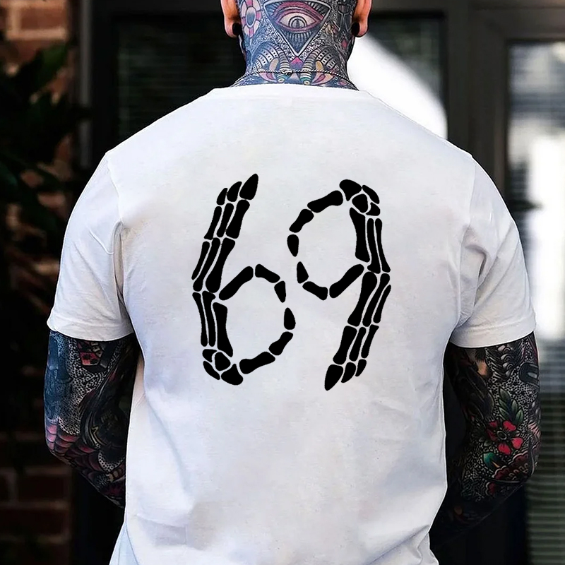 Bone Hands with 69 Gesture Graphic Black Print T-shirt