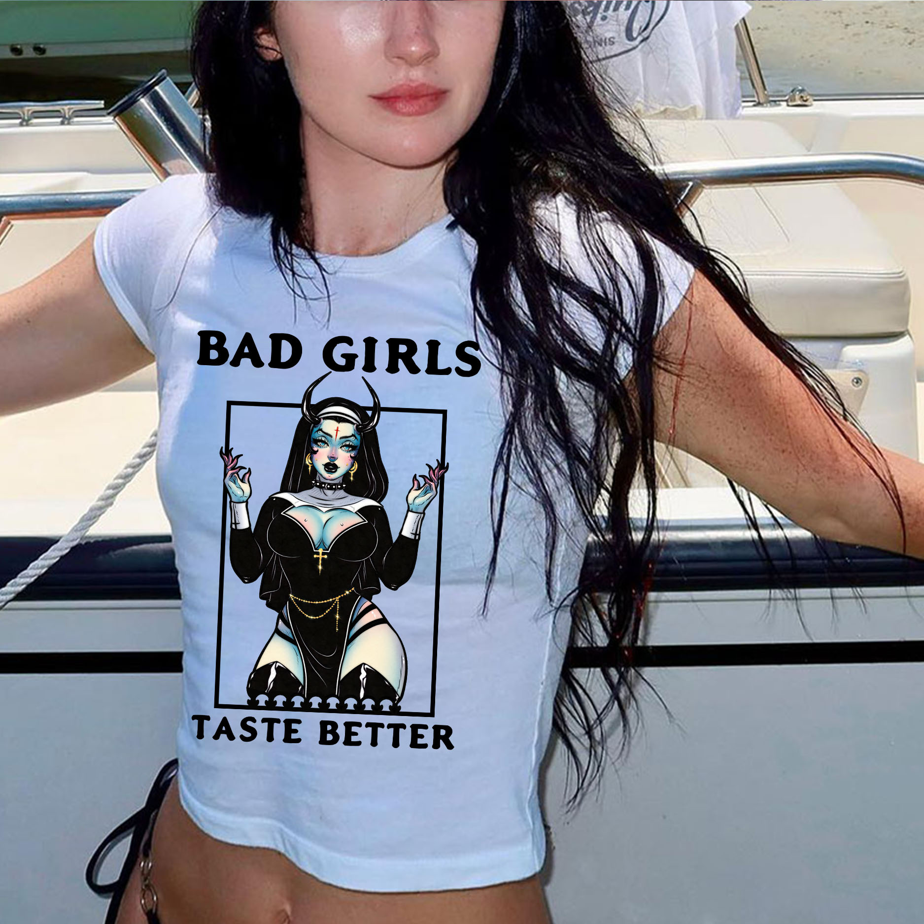 BAD GIRLS TASTE BETTER Sexy Devil Nun Print Women's Cropped T-shirt