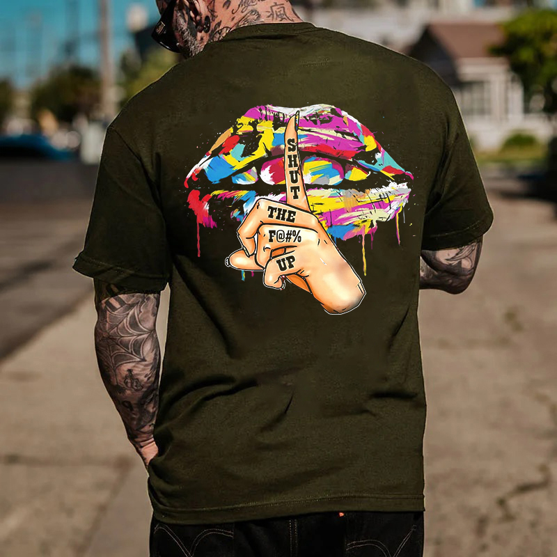 SHUT THE FUCK UP Colorful Graffiti Lips Print Men's T-Shirt