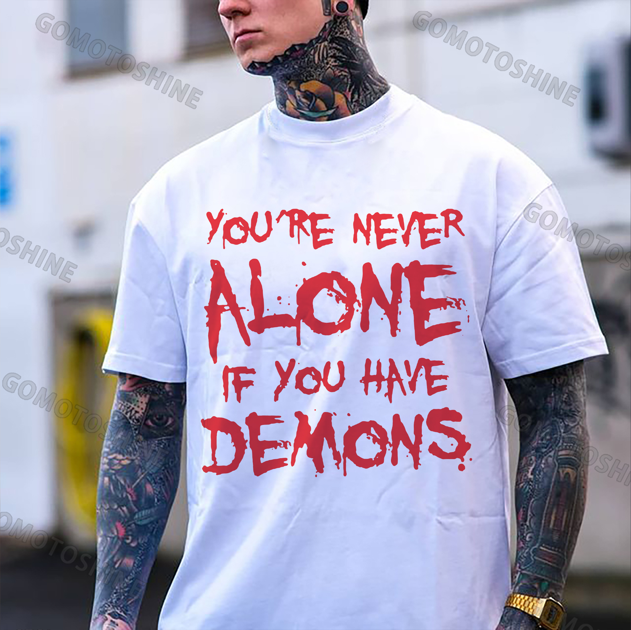 YOU'RE NEVER ALONE IF YOU HAVE DEMONS Black Print T-shirt