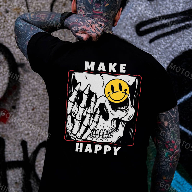 MAKE HAPPY Skeleton&Emoji Print Men's T-Shirt