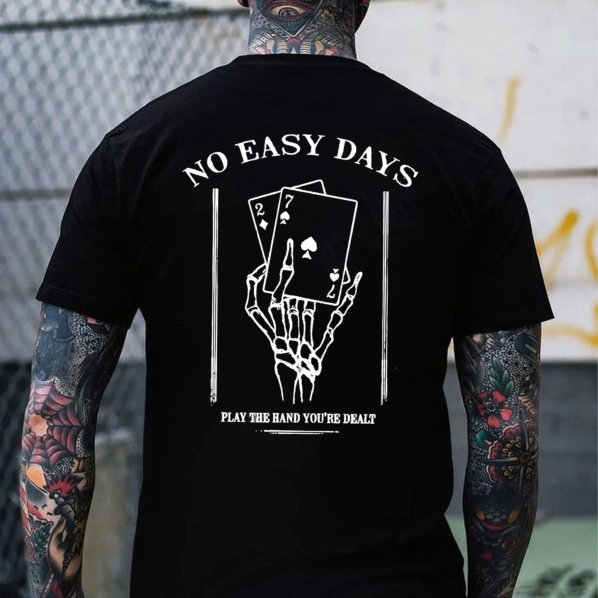 NO EASY DAYS Bone Hands with Pokers Black Print T-shirt
