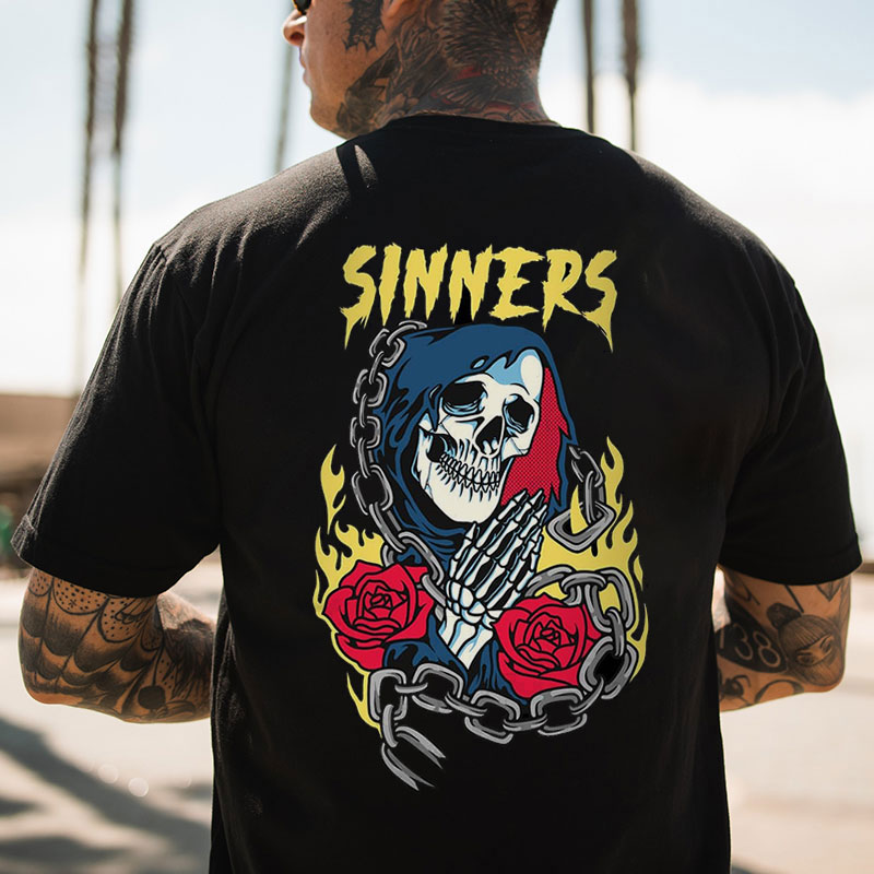 SINNERS Skeleton Rose Black Print T-shirt