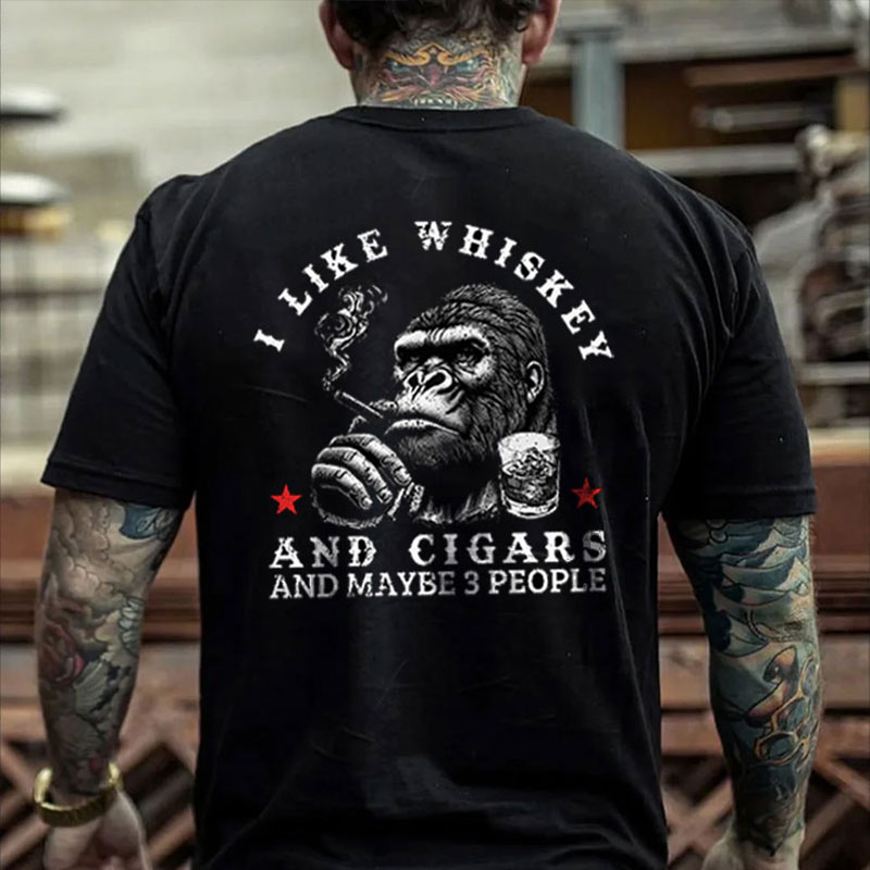 I LIKE WHISKEY AND CIGARS AND MAYBE 3 PEOPLE Chimpanzee Black Print T-shirt