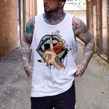 Keep Silent Gothic Lips Print Men's Vest