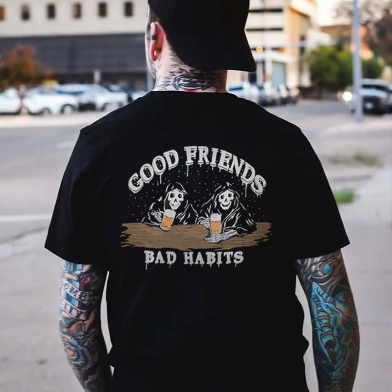 GOOD FRIEND BAD HABITS Skeleton Black Print T-shirt