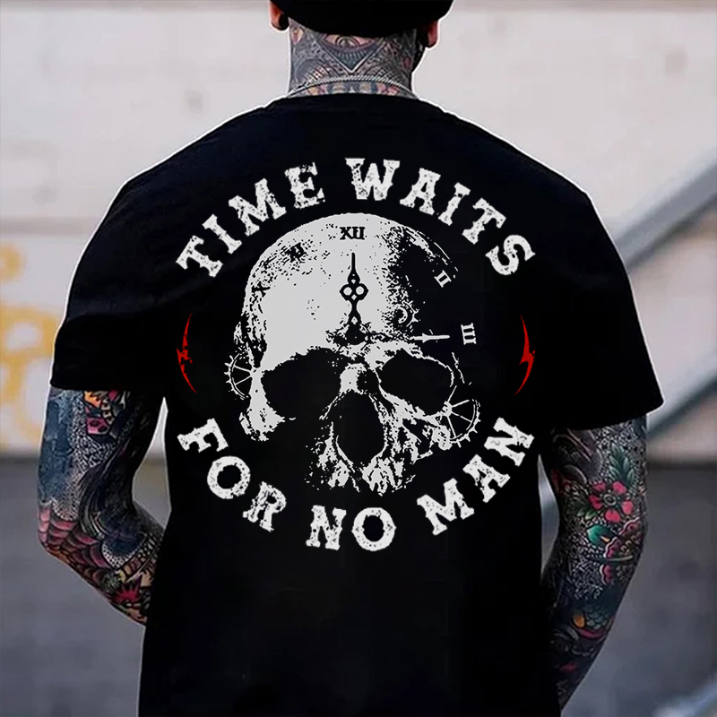 TIME WAITS FOR NO MAN Skull Clock Print Men's T-Shirt
