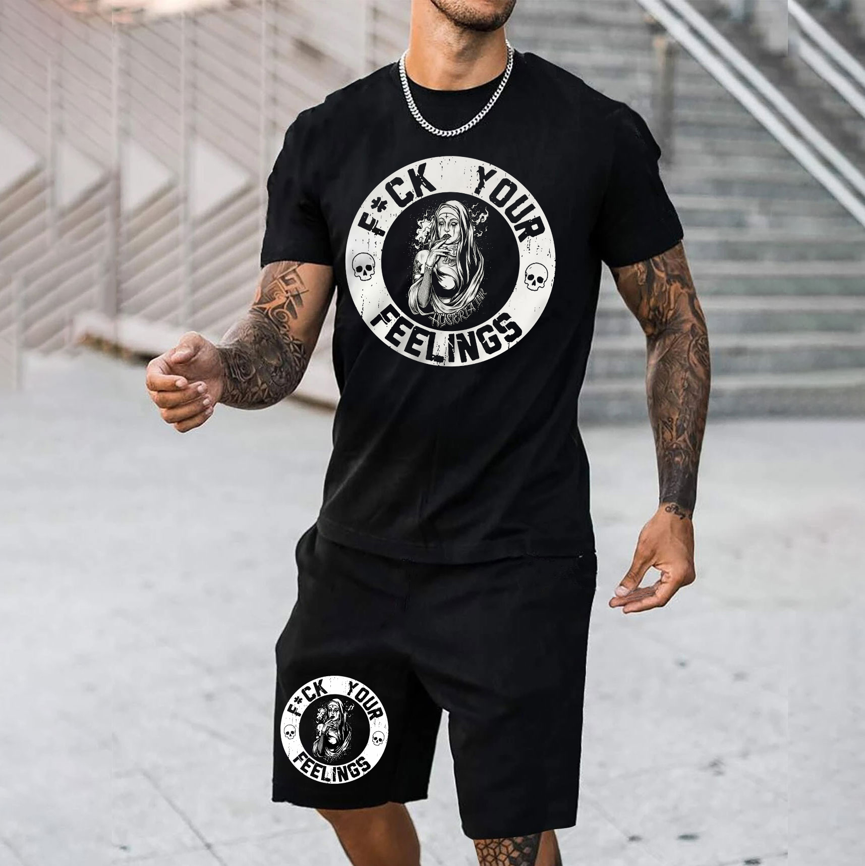 FUCK YOUR FEELINGS Smoking Nun Print Men's Suit