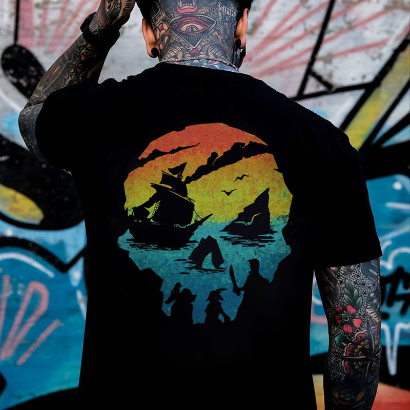 Pirate Ship Skull Print Men's T-Shirt