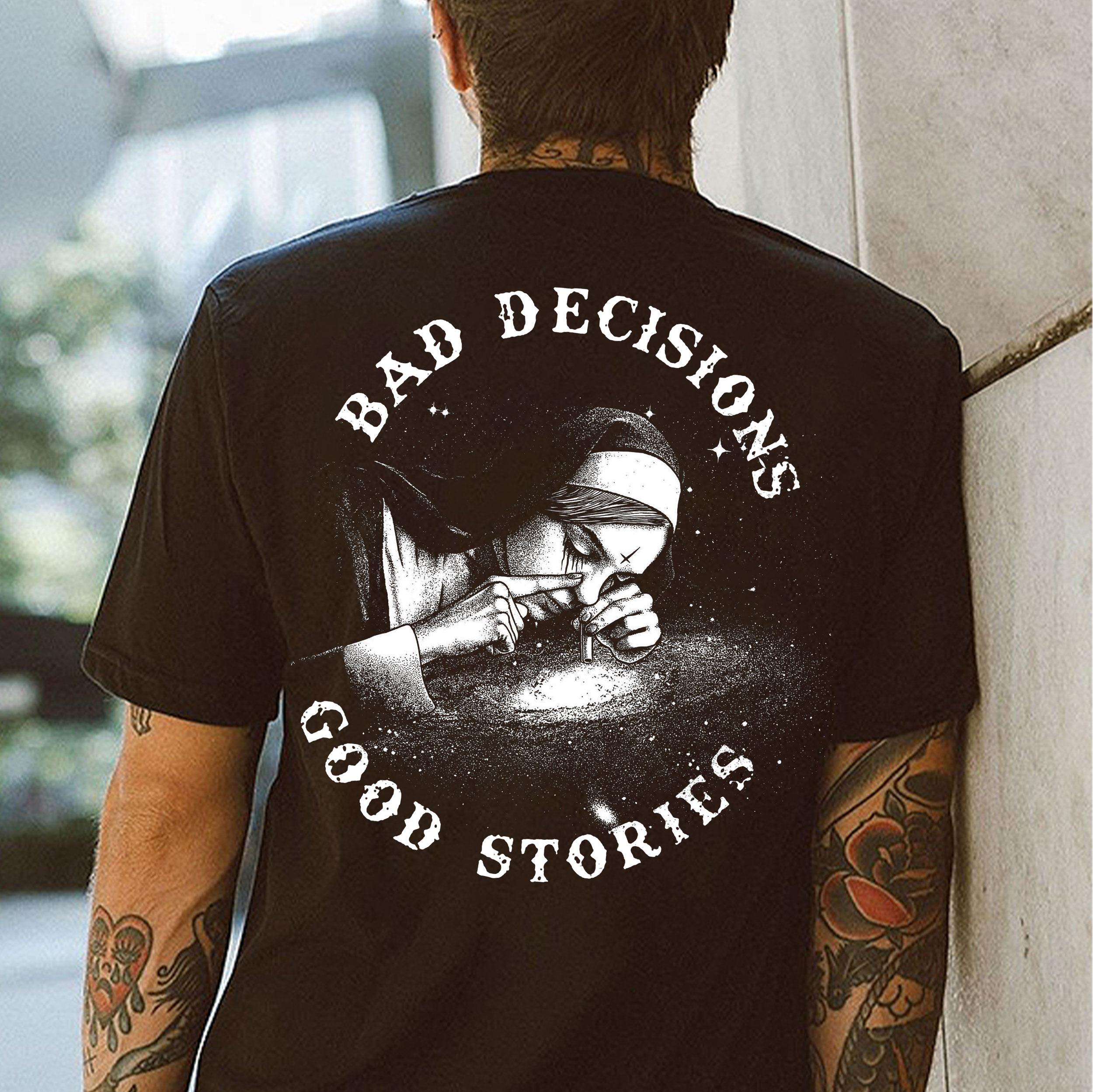 BAD DECISIONS GOOD STORIES Nun Smoking Black Print T-Shirt Image - 17
