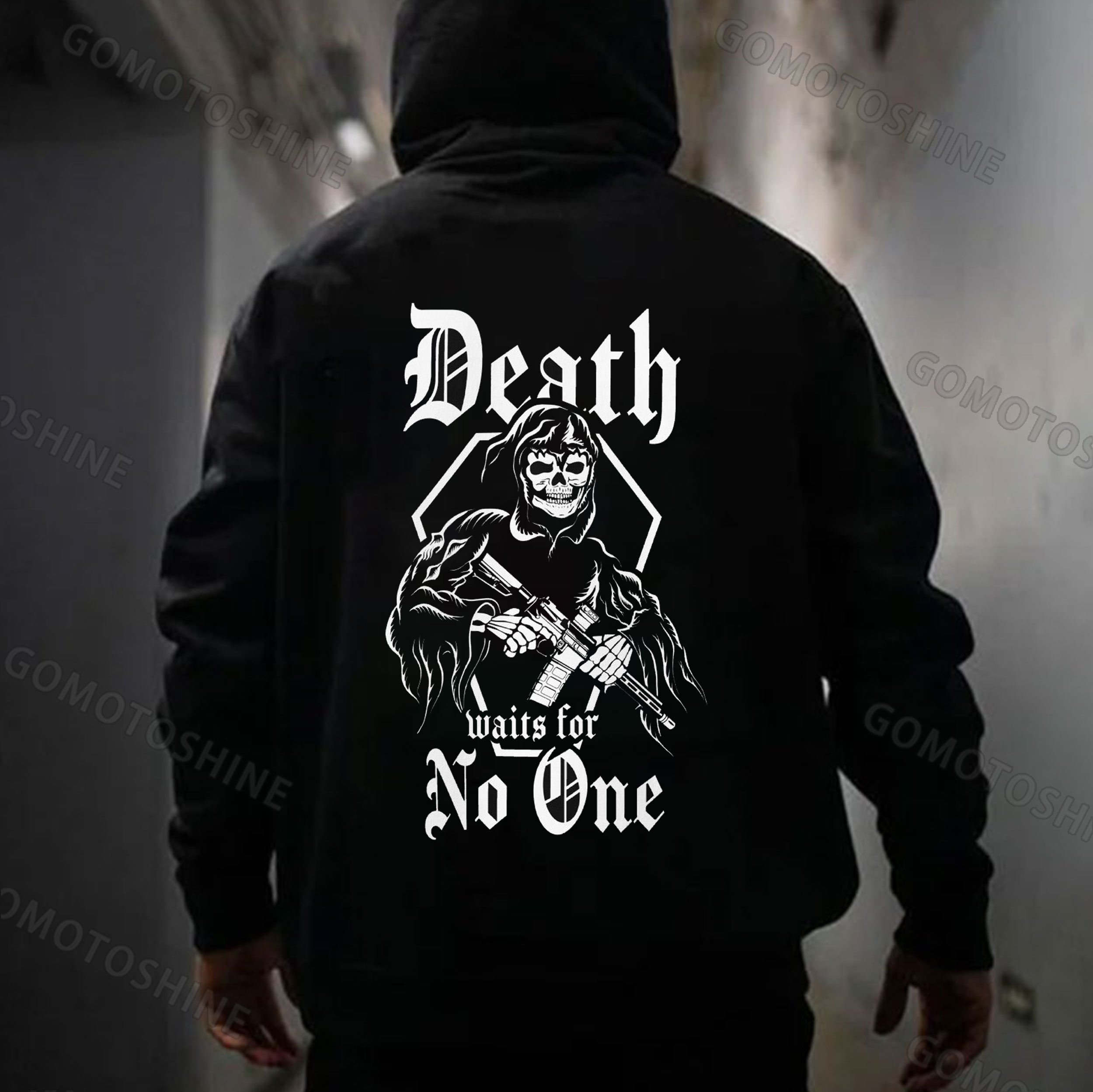 DEATH WAITS FOR NO ONE Skeleton&Gun Print Men's Hoodie