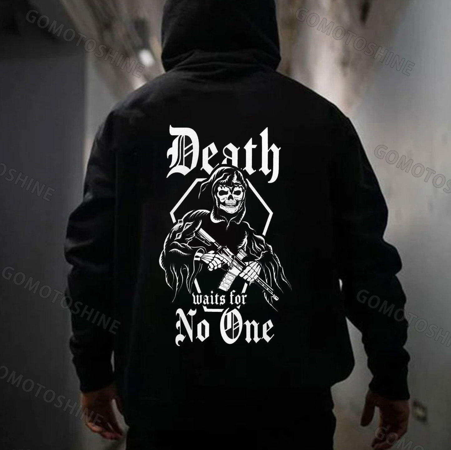 DEATH WAITS FOR NO ONE Skeleton&Gun Print Men's Hoodie