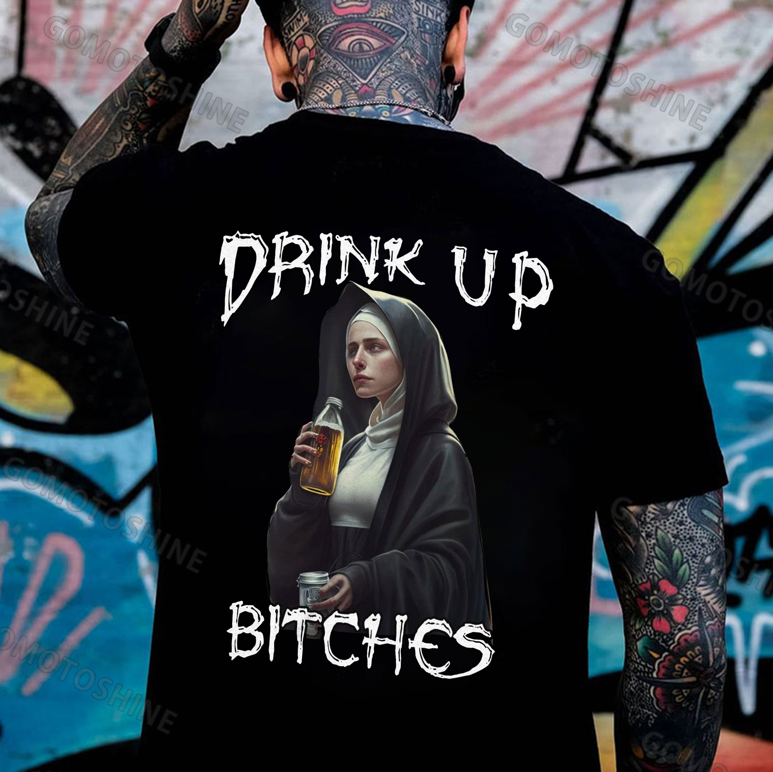 DRINK UP BITCHES Beer&Nun Print Men's T-Shirt