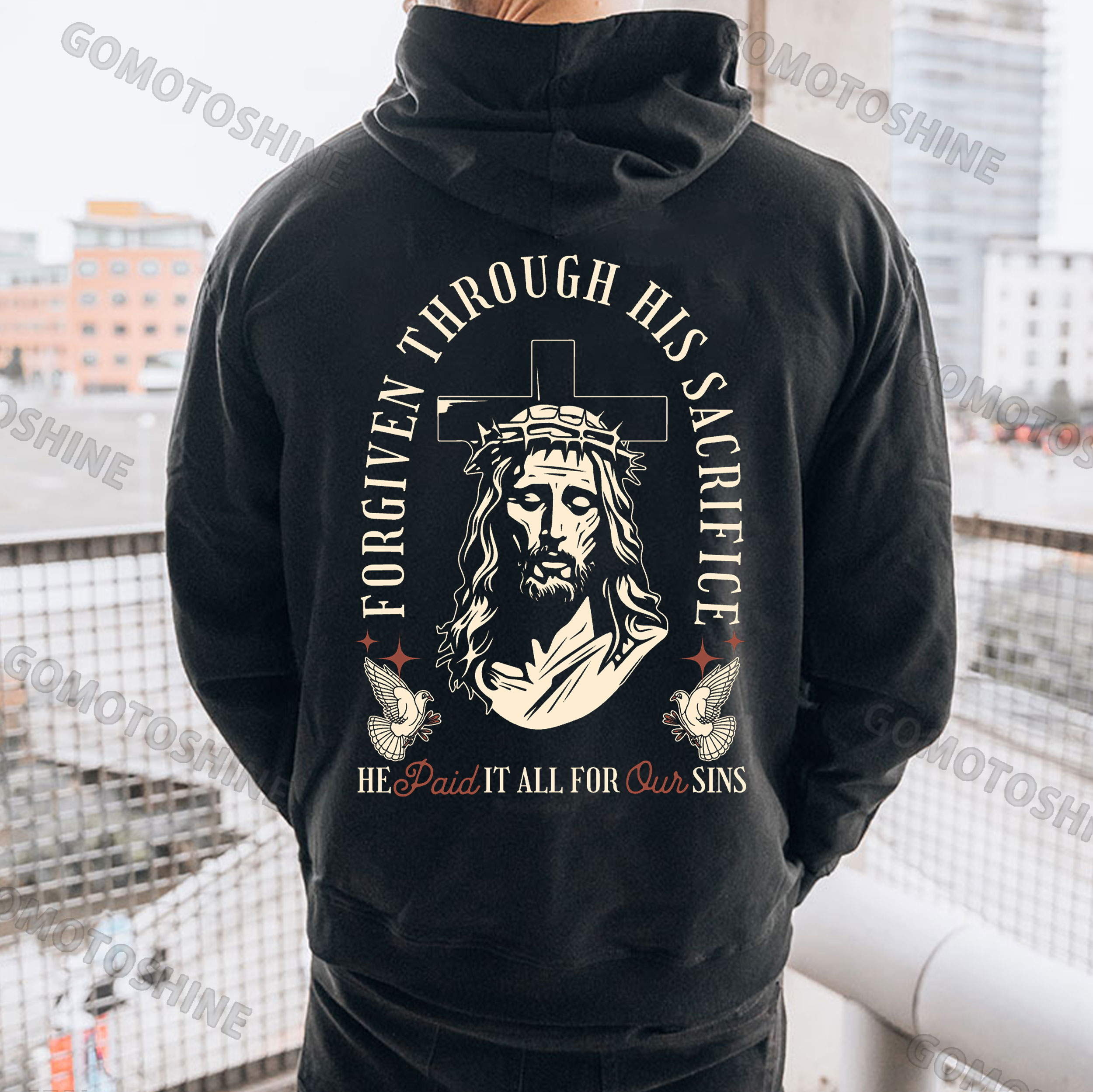 FORGIVEN THROUGH HIS SACRIFICE Jesus Print Men's Hoodie