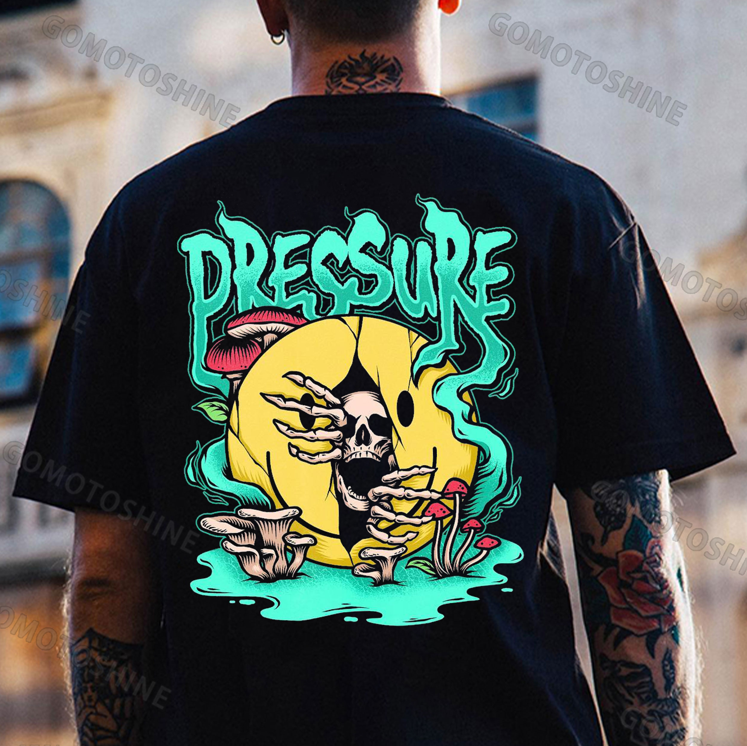 PRESSURE Skeleton Shred Smile Emoji Print Men's T-Shirt