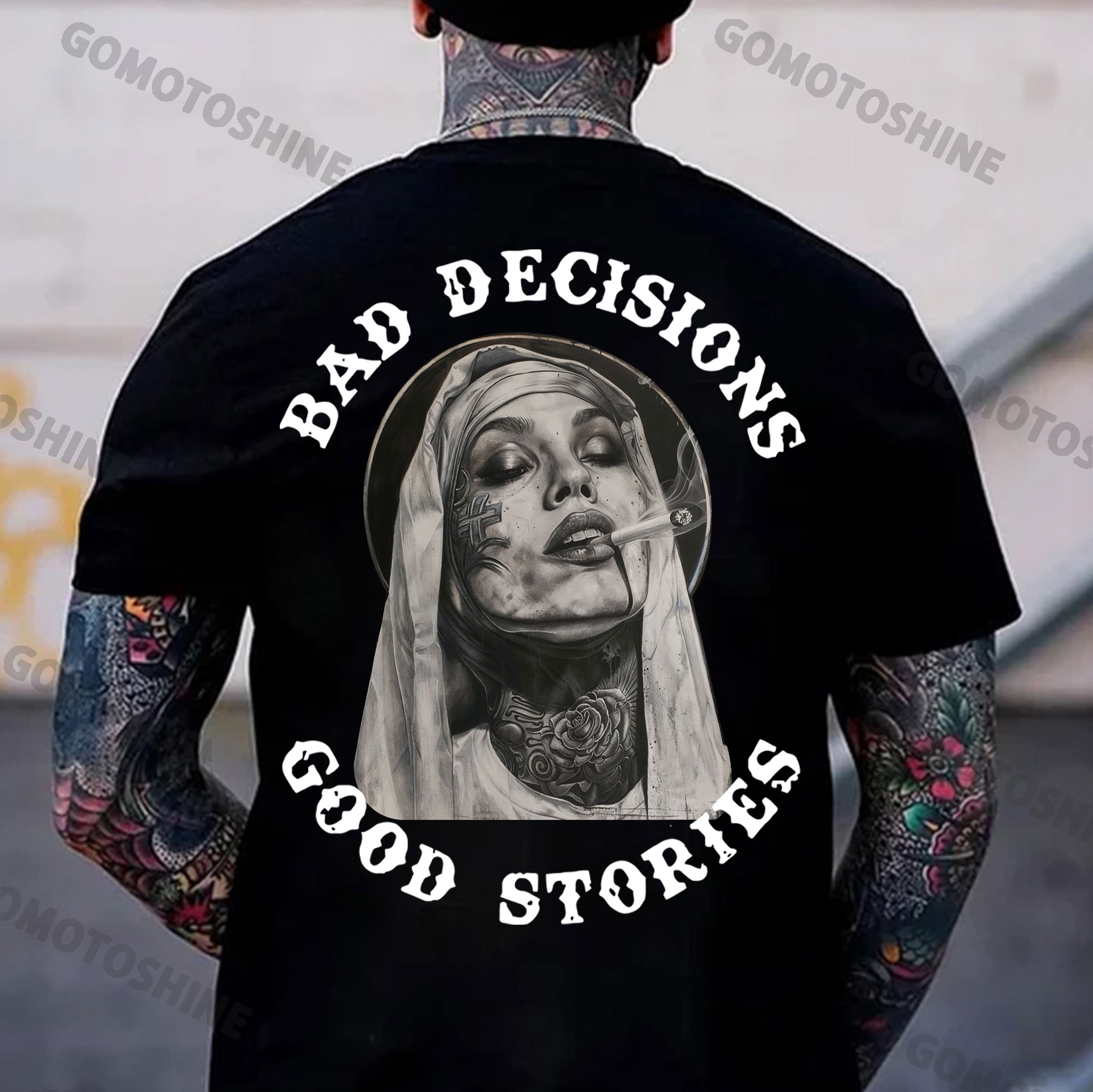 BAD DECISIONS GOOD STORIES Smoking Nun Print Men's T-Shirt
