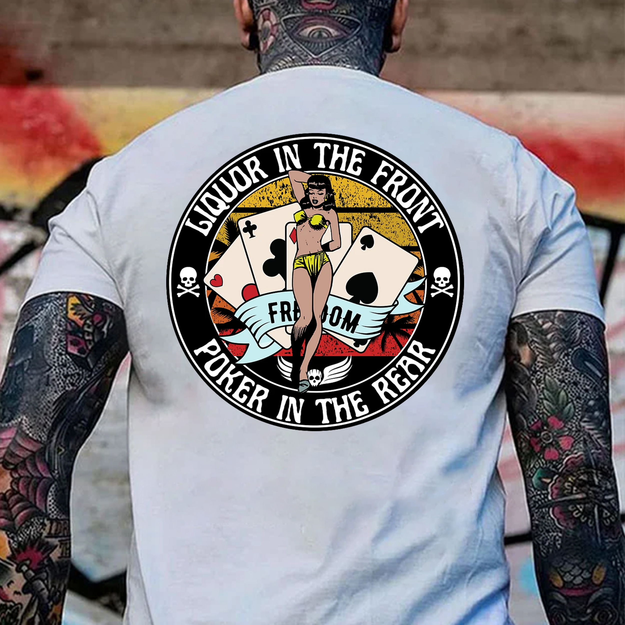 LIQUOR IN THE FRONT POKER IN THE REAR Sexy Lady Poker White Print T-shirt