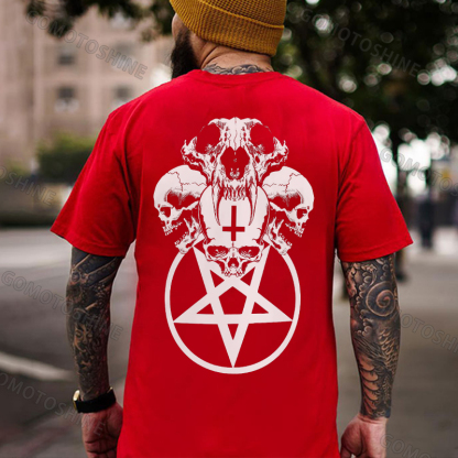 Multifacial Skulls with Star Circle Black Print T-shirt