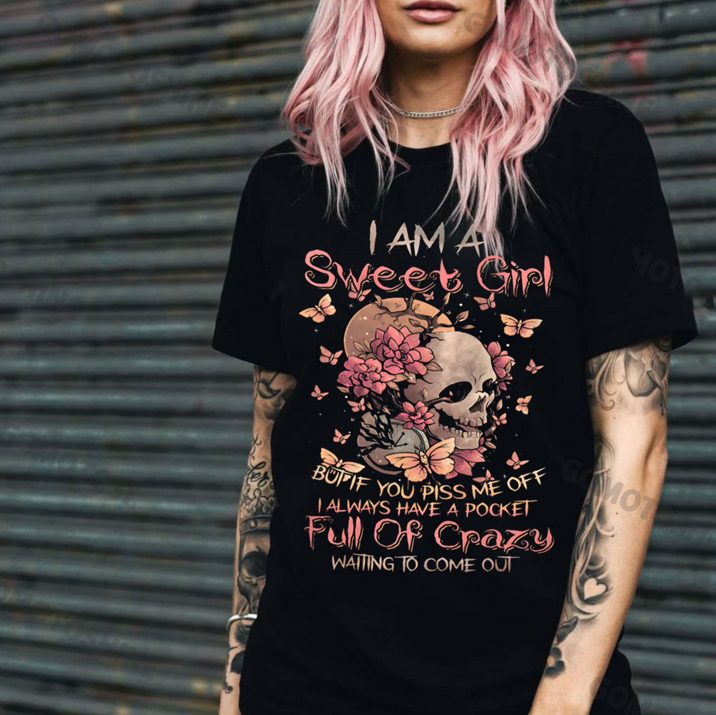 I AM A SWEET GIRL Butterfly&Skull Print Women's T-shirt