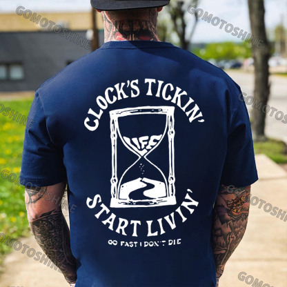 CLOCK’S TICKING START LIVING Funnel Graphic Casual Black Print T-shirt
