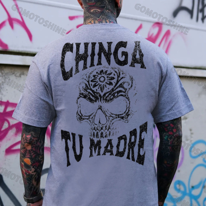 CHINGA TU MADRE Flower Carving Skull Print Men's T-Shirt