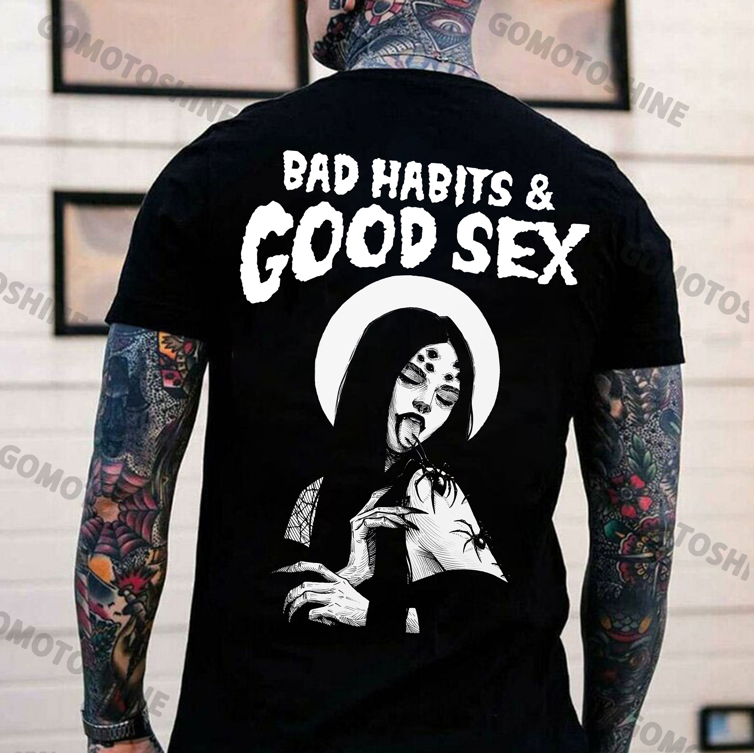 BAD HABITS GOOD SEX Black Spider Lady Print Men's T-Shirt