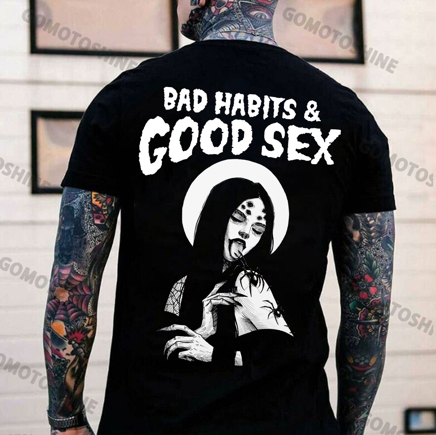 BAD HABITS GOOD SEX Black Spider Lady Print Men's T-Shirt