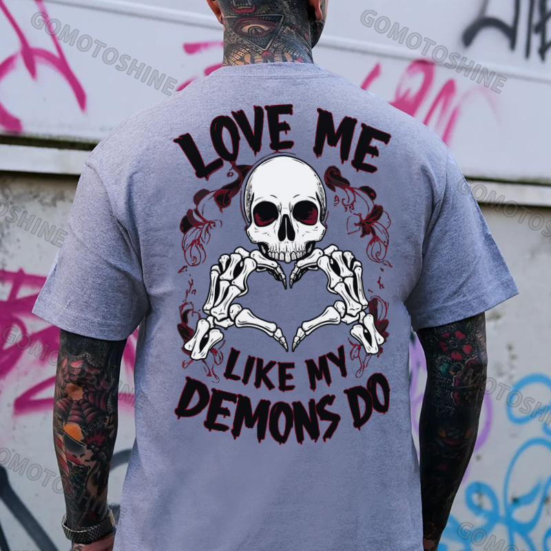 LOVE ME LIKE MY DEMONS DO Finger Heart Skeleton Print Men's T-Shirt