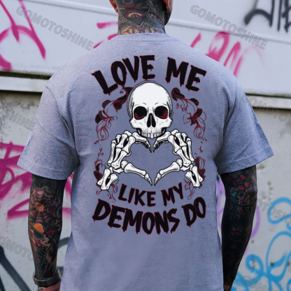 LOVE ME LIKE MY DEMONS DO Finger Heart Skeleton Print Men's T-Shirt
